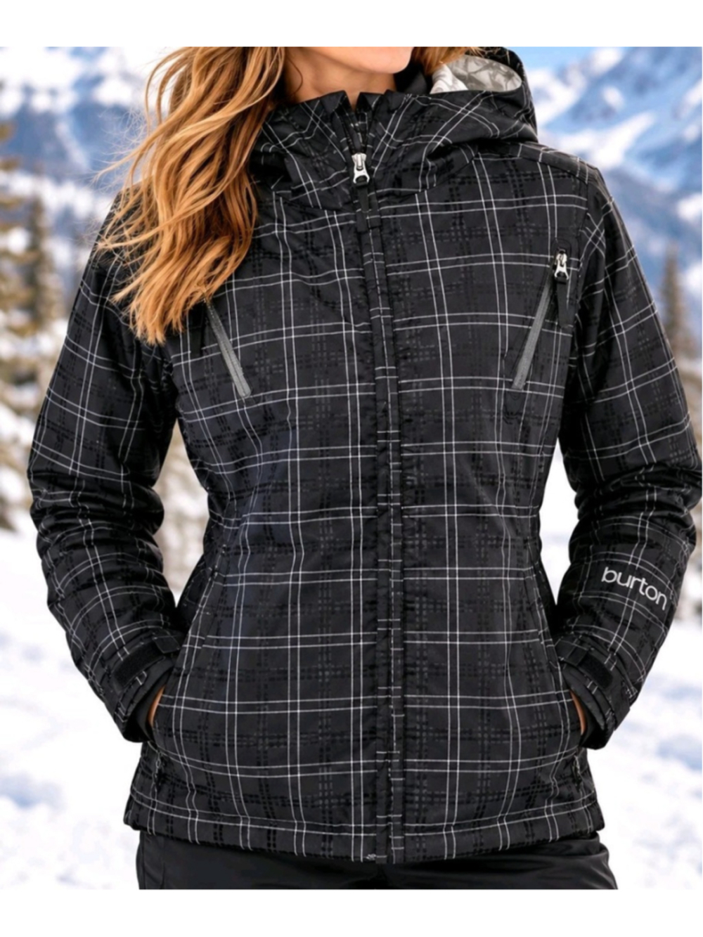 Burton DryRide Womens Sz L Snowboard Ski Jacket Black Plaid Hooded Winter Coat
